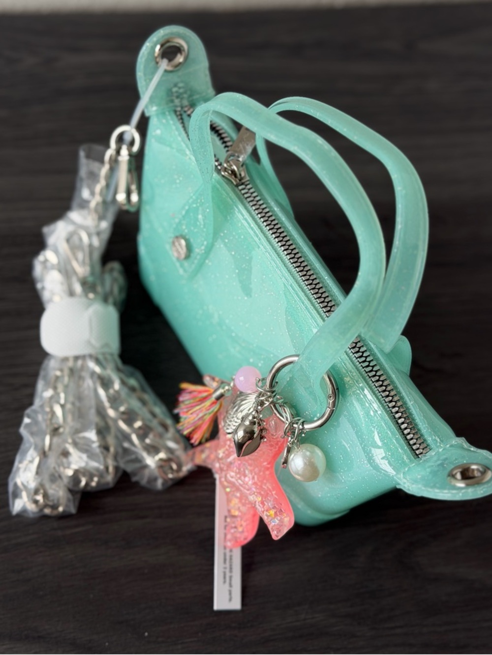 Madden girl Jelly mini Tote Bag star fish pear sea shell glitter crossbody mint - Picture 4 of 5